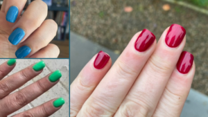 3 photographs of fingernails painted in various colours.